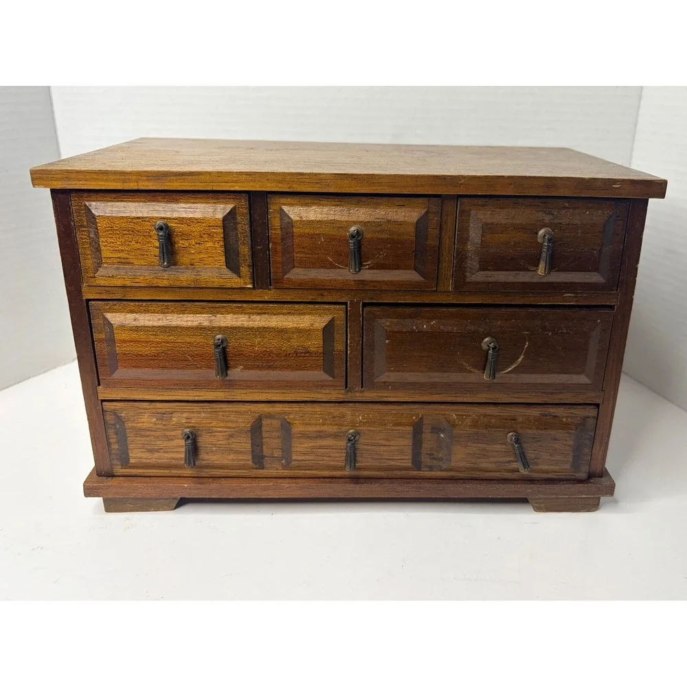 Vtg Wood Jewelry Project Box Miniature Dresser Chest 6 Drawer Red Velvet Lined